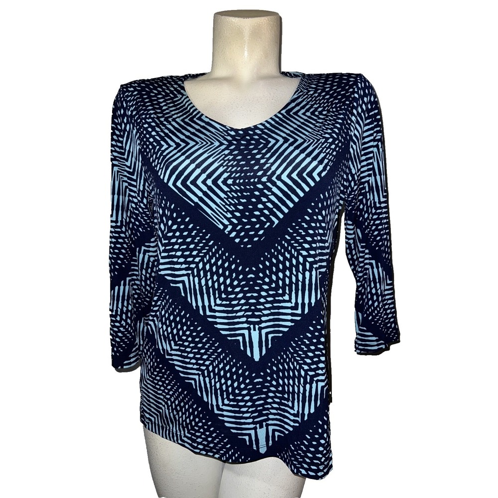 Chicos Top Size M‎ (1) Blue Geometric V-Neck 3/4 Sleeve Stretch Pullover Shirt